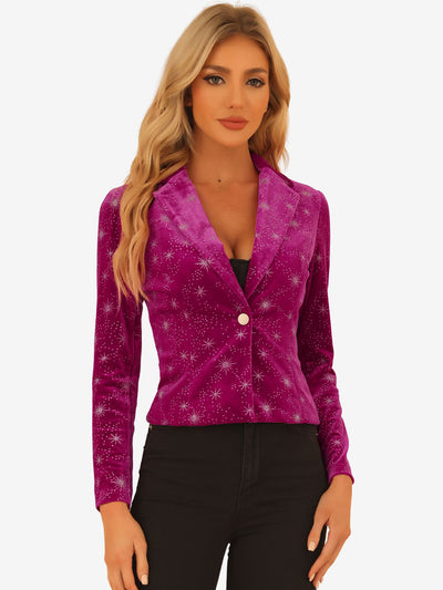 Metallic Star Single Button Velvet Lapel Crop Blazer