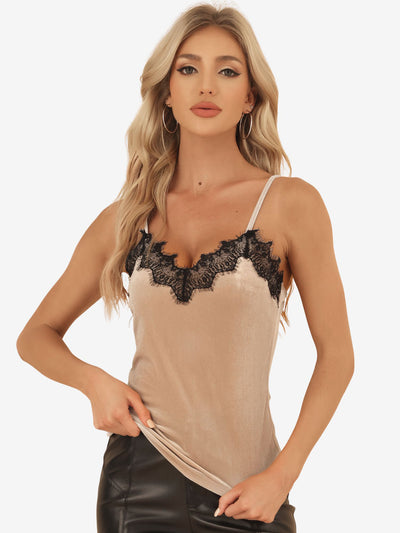 Velvet Camisole Lace Trim Velour Cami Tank Spaghetti Strap Top