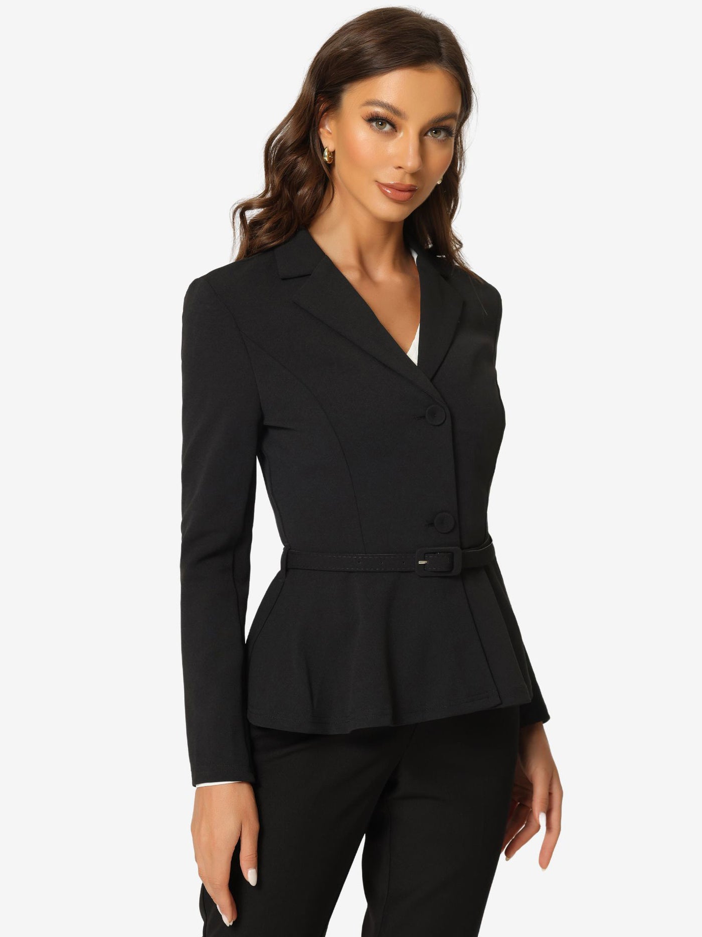 Allegra K Vintage Ruffle Hem Belted Notched Lapel Office Work Blazer