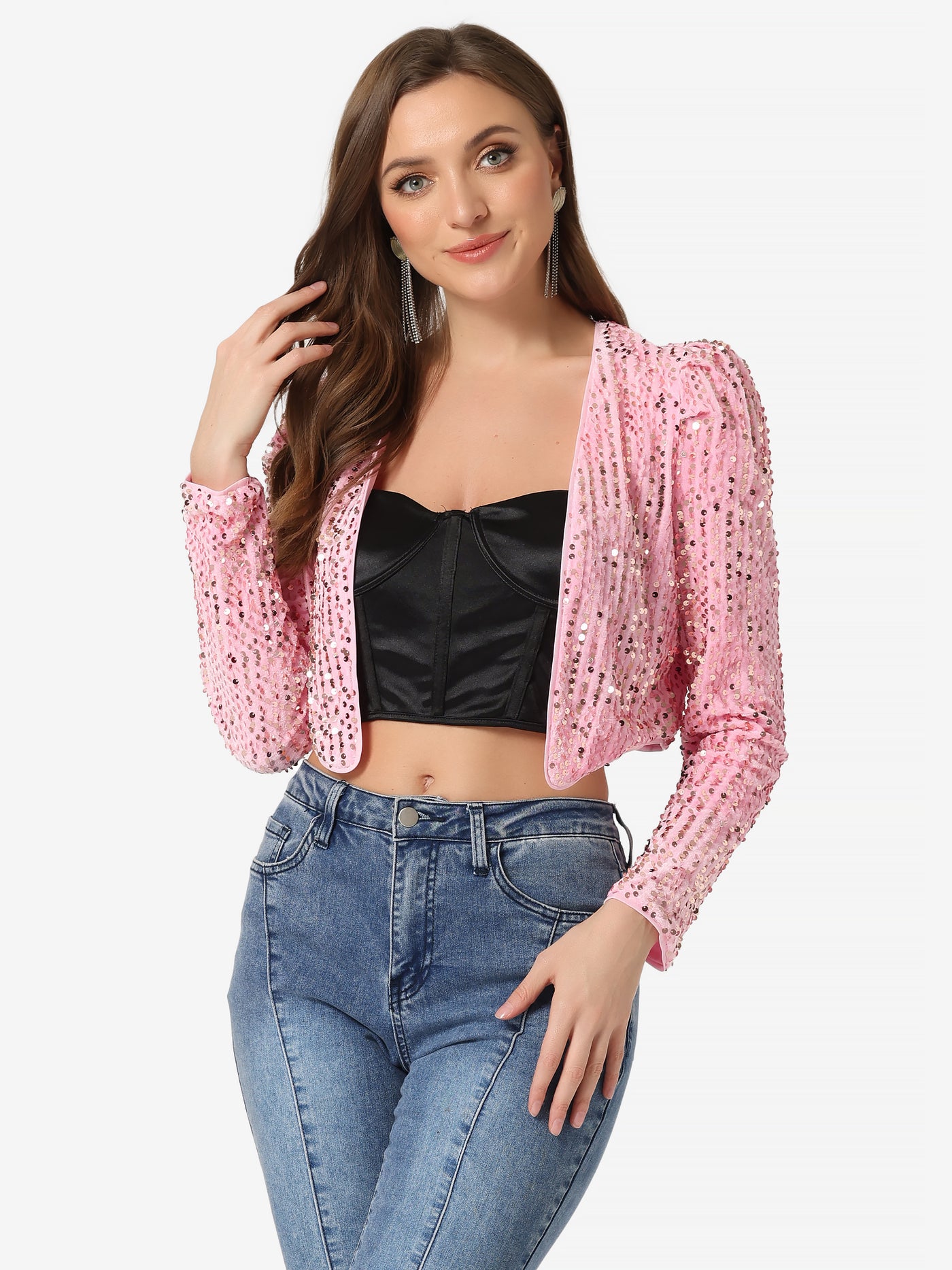 Allegra K Sequin Shrug Open Front Collarless Sparkly Crop Blazer Jacket