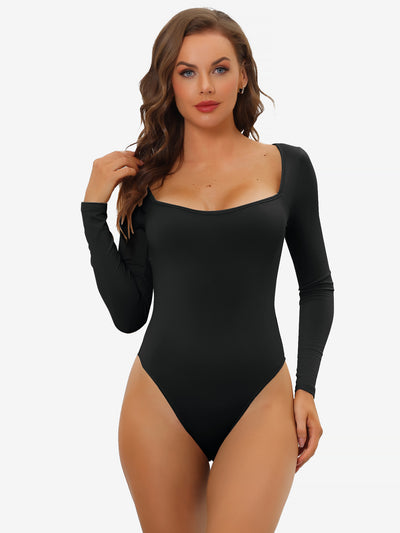 Allegra K Long Sleeve Shapewear Slim Fit Stretchy Square Neck Leotard Bodysuit