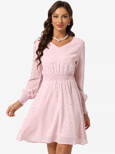 Chiffon V-Neck Smocked Waist Party Metallic Stars Short Dress