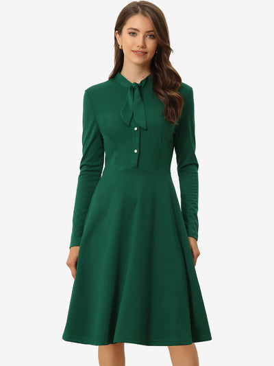 Tie Neck Knit Long Sleeve Midi Solid Work Sheath Dress