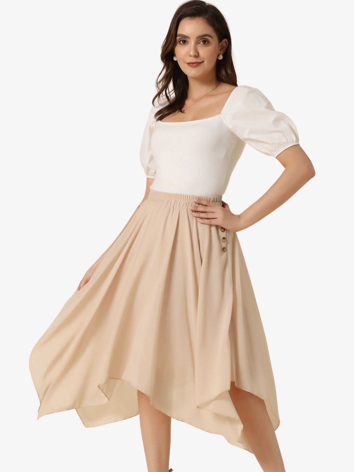 Allegra K Elastic Waist Chiffon Handkerchief Hem Midi Skirt