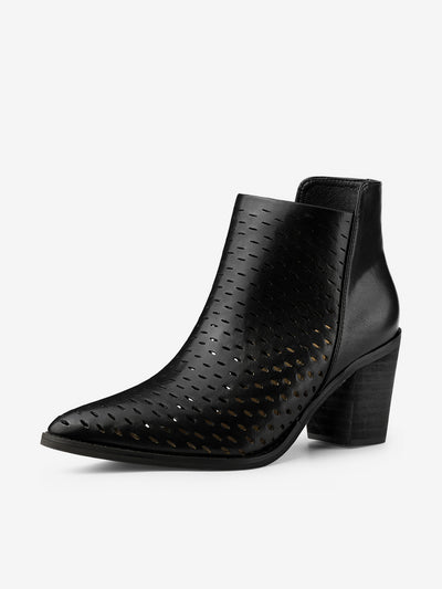 Perforated Chunky Heel Zipper Western Ankle Booties