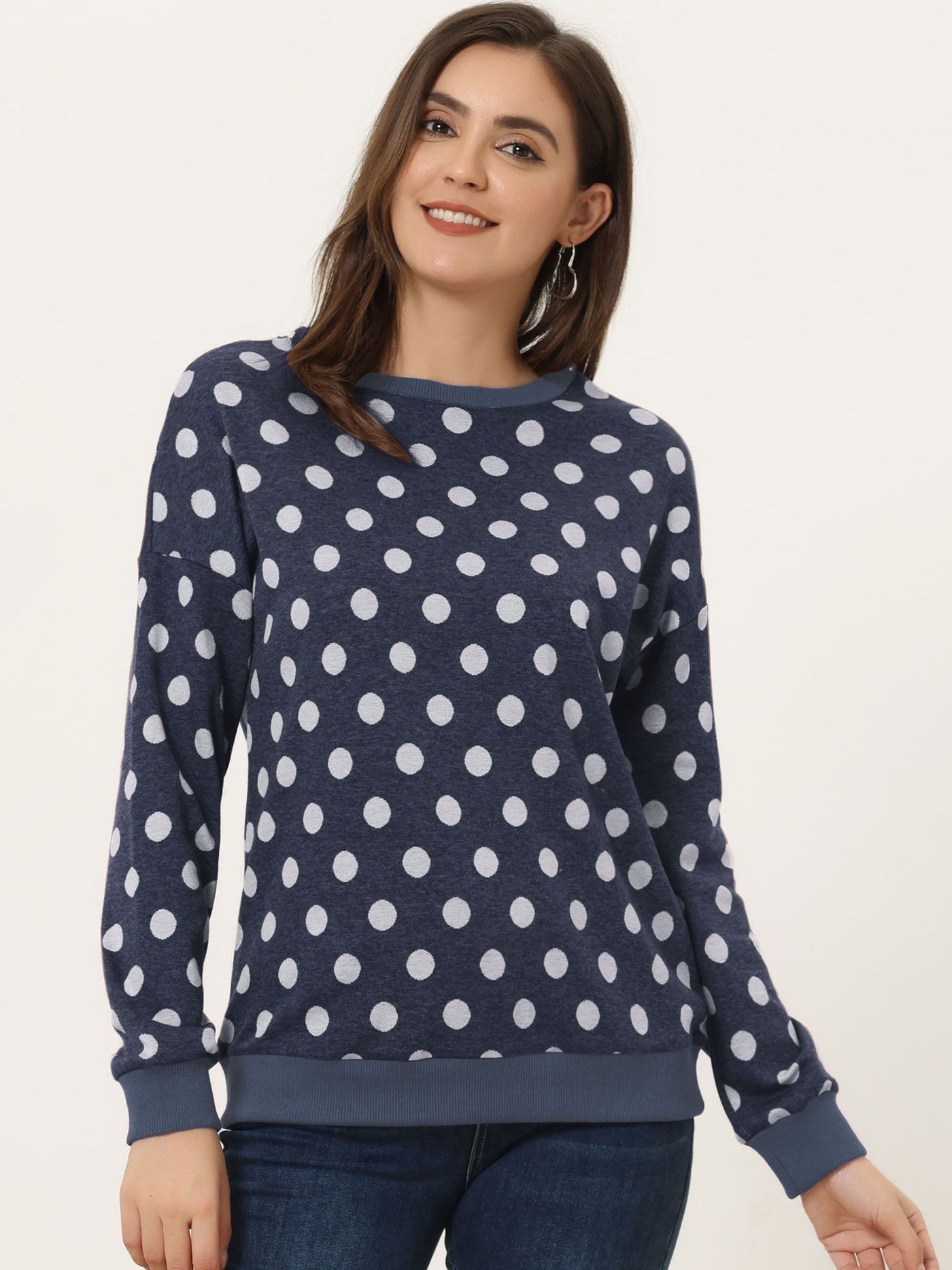 Allegra K Winter Knitted Pullover Sweatshirt Long Sleeve Polka Dot Sweater