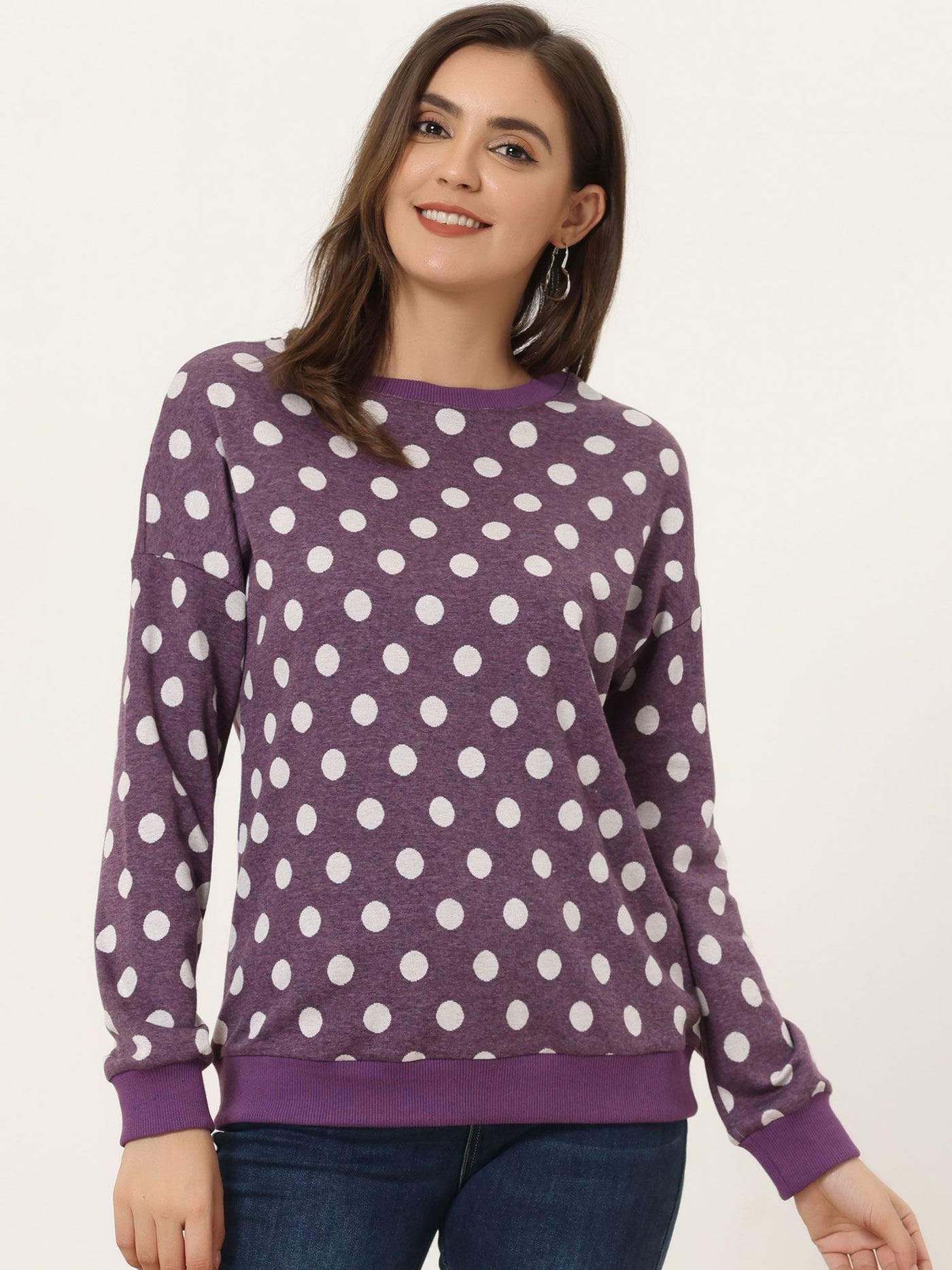 Allegra K Winter Knitted Pullover Sweatshirt Long Sleeve Polka Dot Sweater