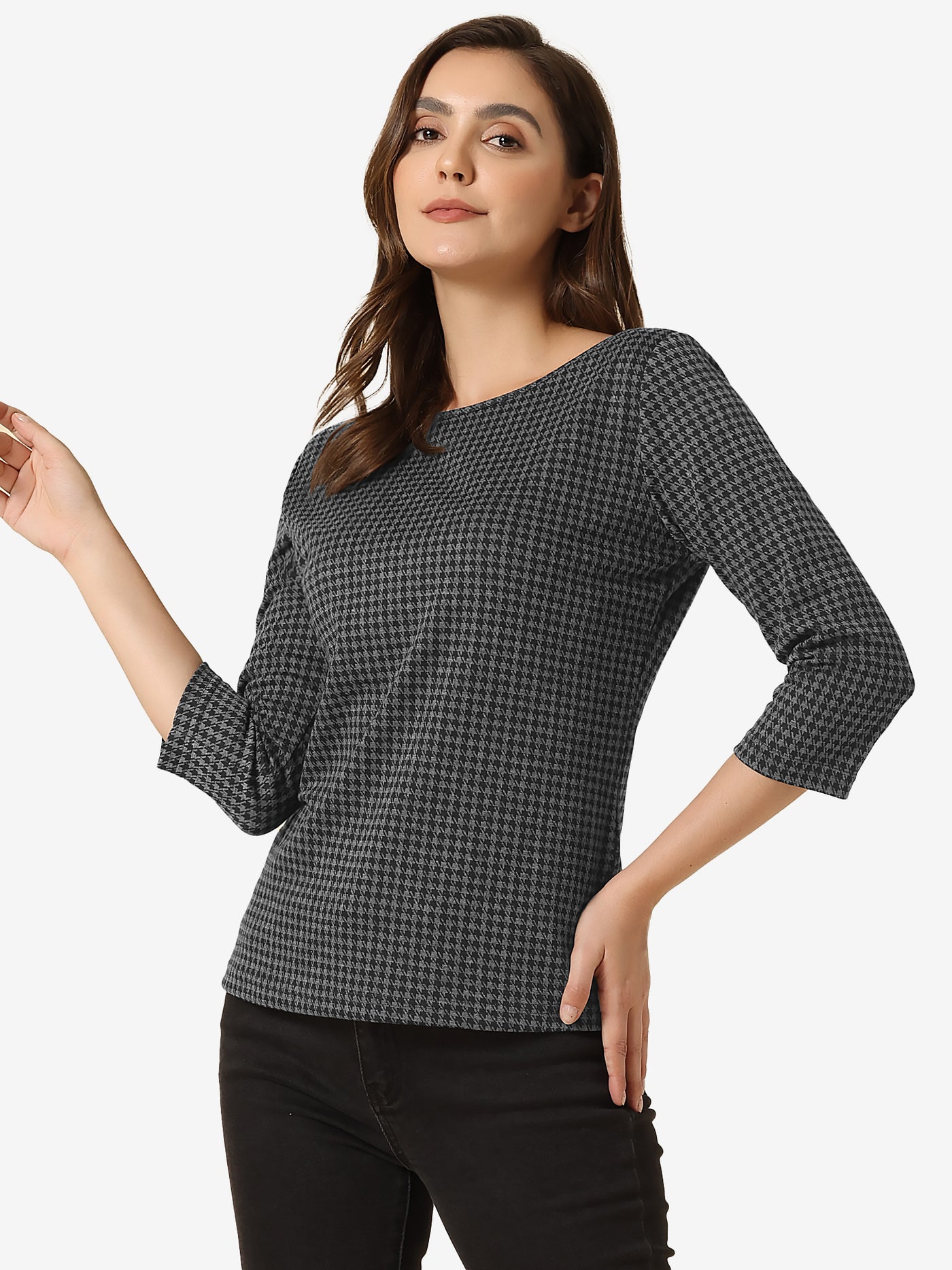 Allegra K Work Office 3/4 Sleeve Boat Neck Houndstooth Printed Top Blouse