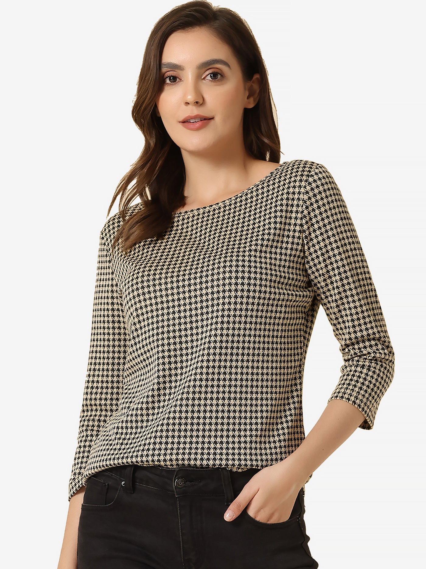 Allegra K Work Office 3/4 Sleeve Boat Neck Houndstooth Printed Top Blouse