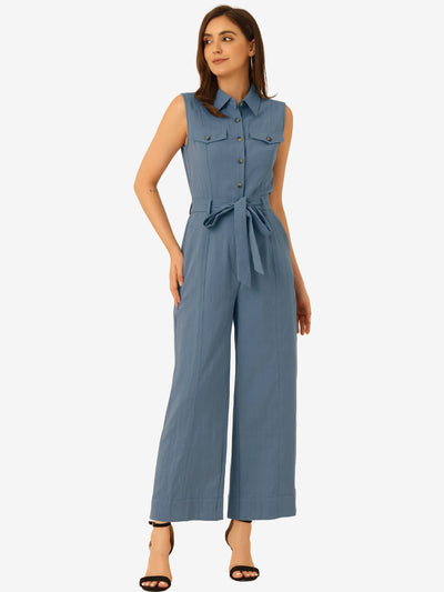 Button Down Collared Wide Leg Tie Jumpsuit Sleeveless Jumpsuits