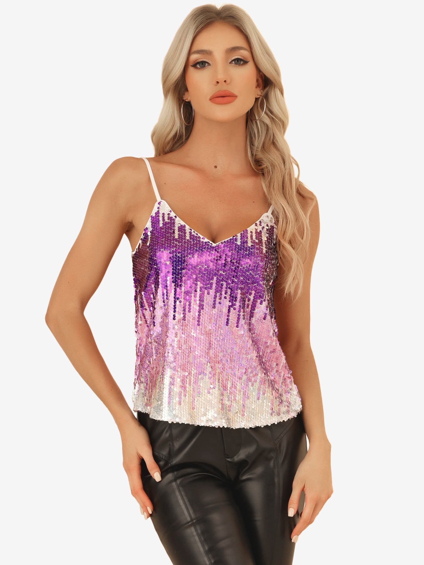 Allegra K Sequined Straps Party Glitter Disco Sparkle Cami Top