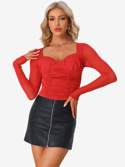 Long Sleeve Mesh Sweetheart Neck Padded Bust Ruched Blouse