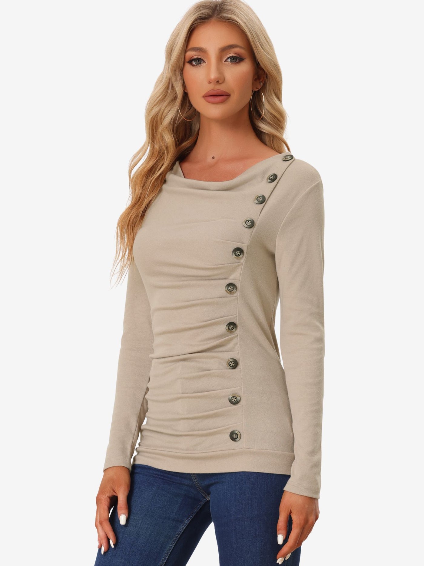 Allegra K Buttons Decor Cowl Neck Long Sleeve Ruched Top