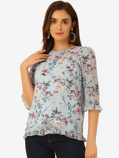 Casual Ruffle Floral Print 3/4 Sleeve Chiffon Blouse