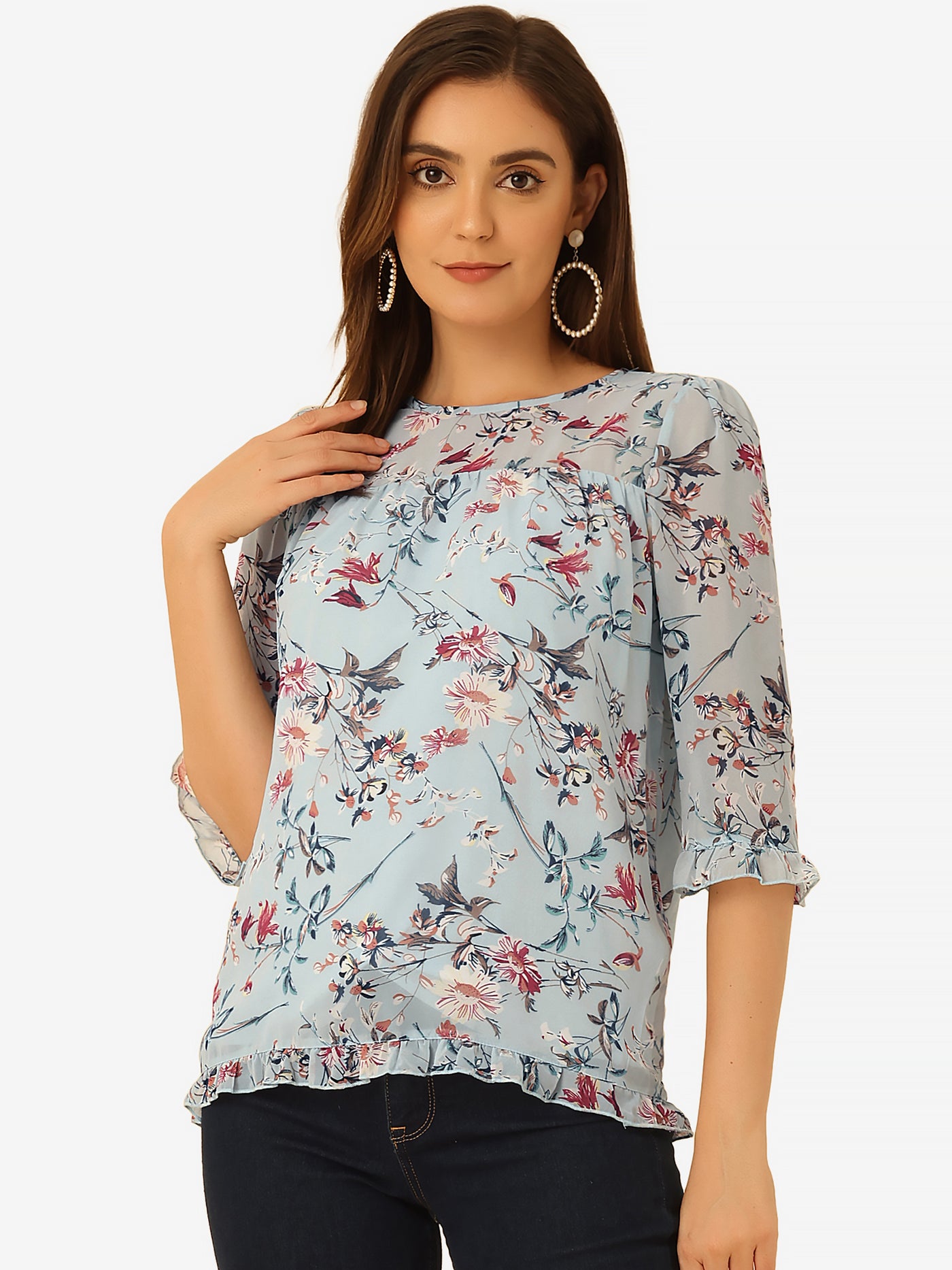 Allegra K Casual Ruffle Floral Print 3/4 Sleeve Chiffon Blouse