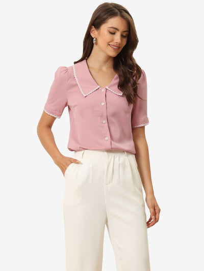 Short Sleeve Chiffon Collared Casual Work Button Down Blouse