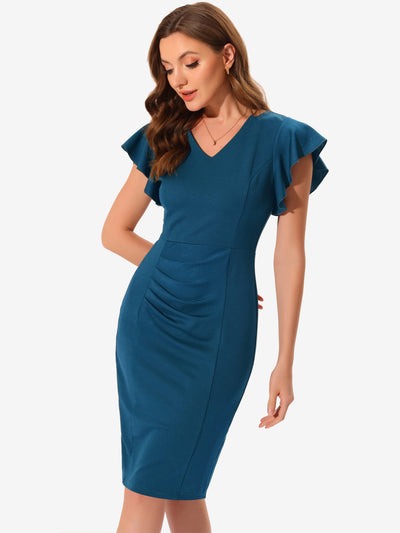 Ruffle Sleeve Solid V Neck Ruched Front Elegant Bodycon Dress