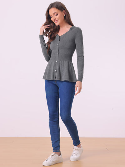 V Neck Long Sleeve Ribbed Pullover Knitted Peplum Top