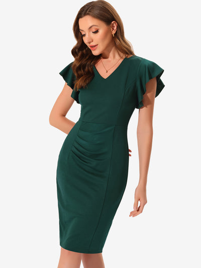 Ruffle Sleeve Solid V Neck Ruched Front Elegant Bodycon Dress