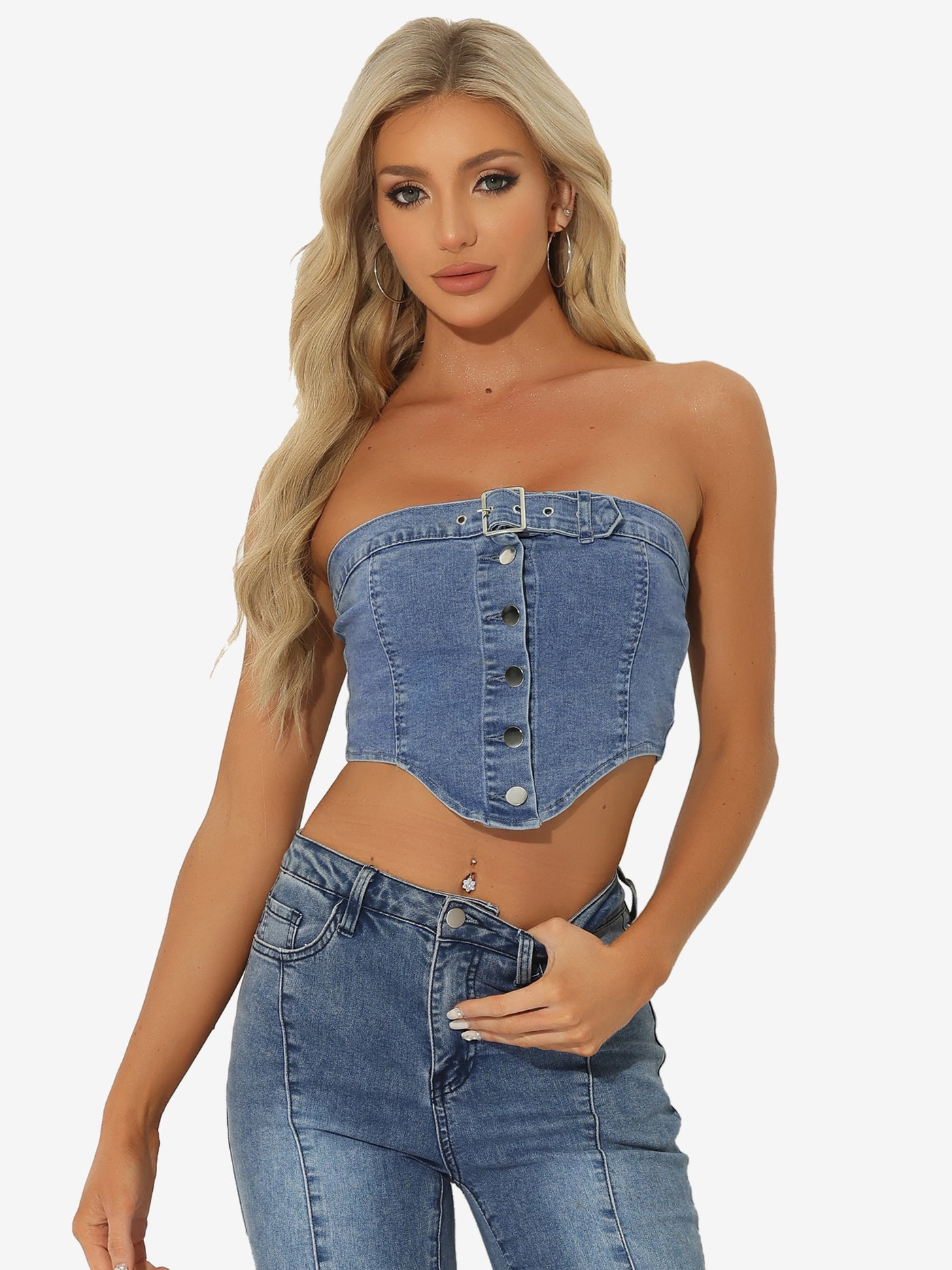 Allegra K Denim Crop Tube Strapless Sleeveless Button Sexy Corset Top