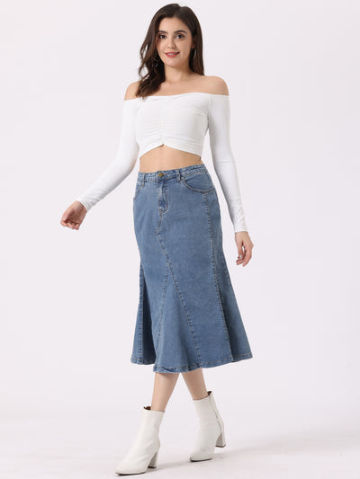 Casual Denim High Waisted A-Line Flared Midi Skirt