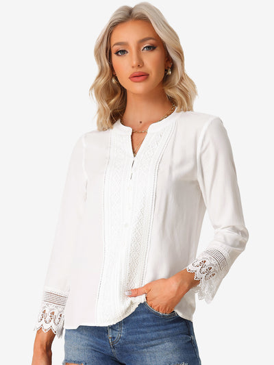 Boho Half Button Placket Long Sleeve Lace Crochet Blouses