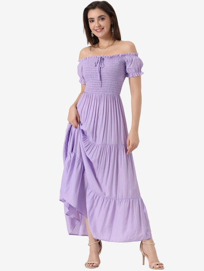 Smocked Tiered Off Shoulder Puff Sleeves Ruffle Maxi Dress