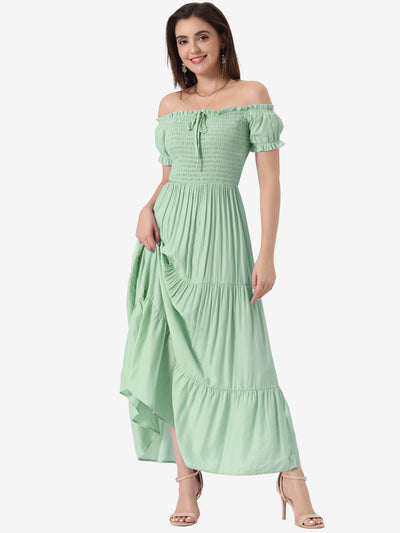 Smocked Tiered Off Shoulder Puff Sleeves Ruffle Maxi Dress