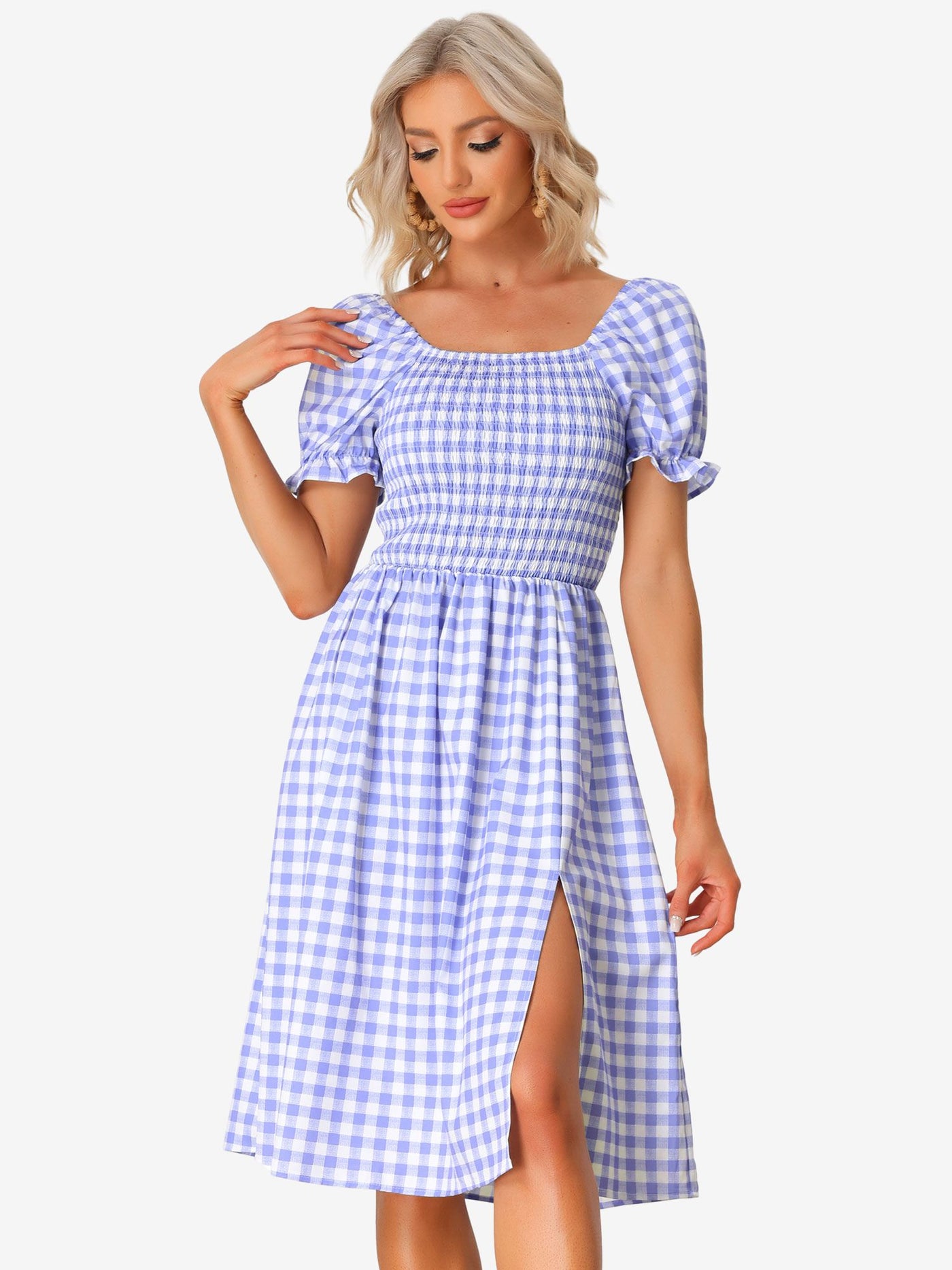 Allegra K Smocked Gingham Square Neck Puff Sleeve Plaid Slit Midi Dress