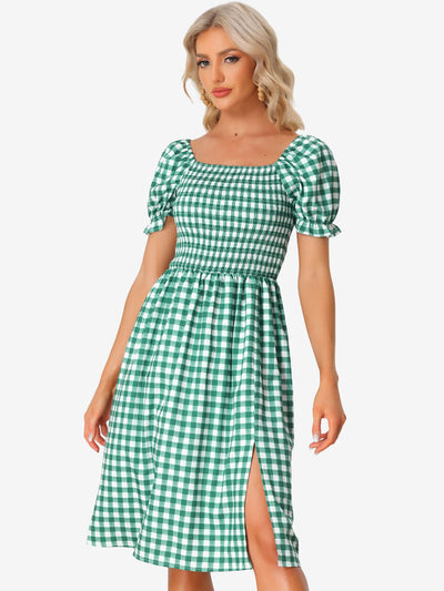 Smocked Gingham Square Neck Puff Sleeve Plaid Slit Midi Dress