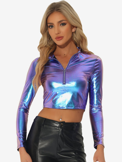 Party Tops Long Sleeve Zip Up Metallic Crop Top