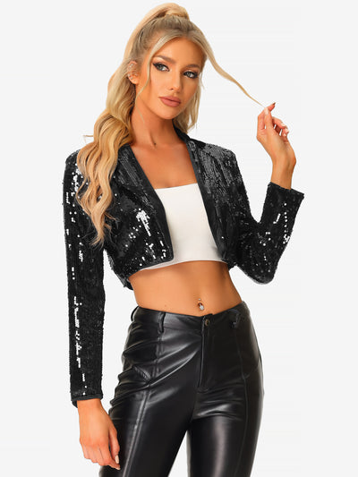 Open Front Blazer Notched Lapel Long Sleeve Sparkly Sequin Jacket