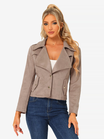 Faux Suede Long Sleeve Lapel Collar Moto Biker Jacket