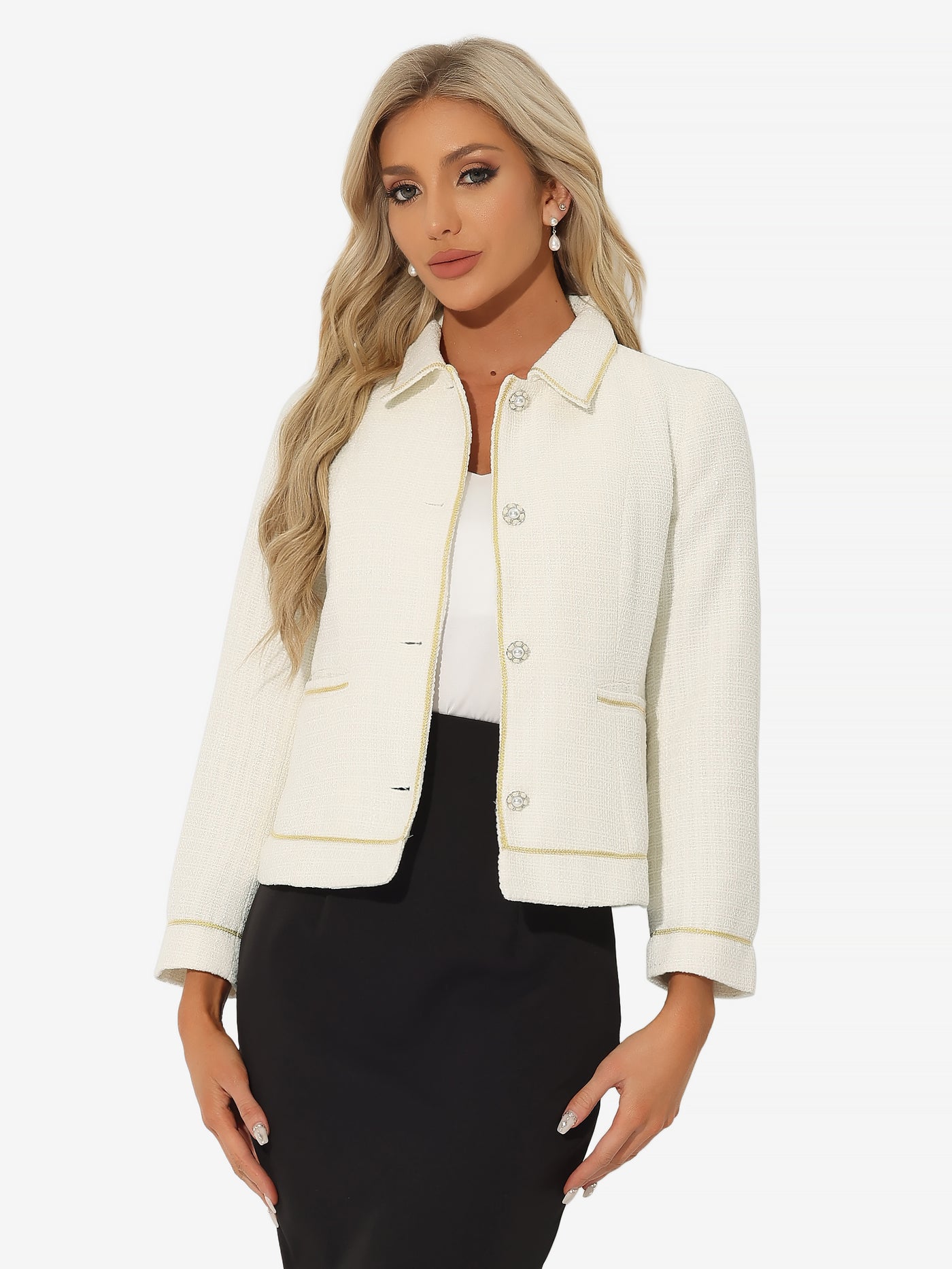 Allegra K Collared Long Sleeve Contrast Trim Button Down Work Short Jacket