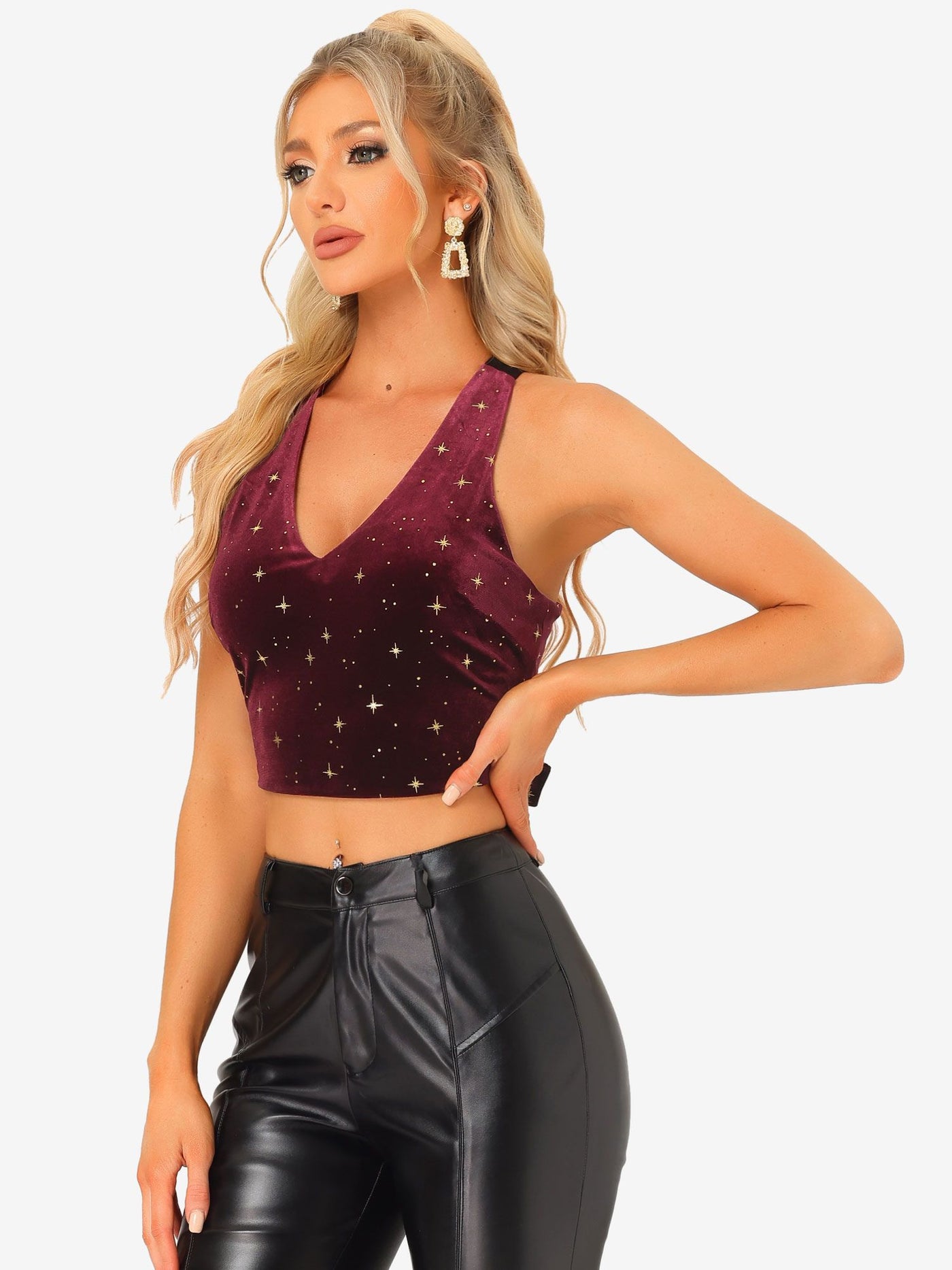 Allegra K Velvet Cropped Top Sleeveless Crisscross Back Sexy Party Blouse