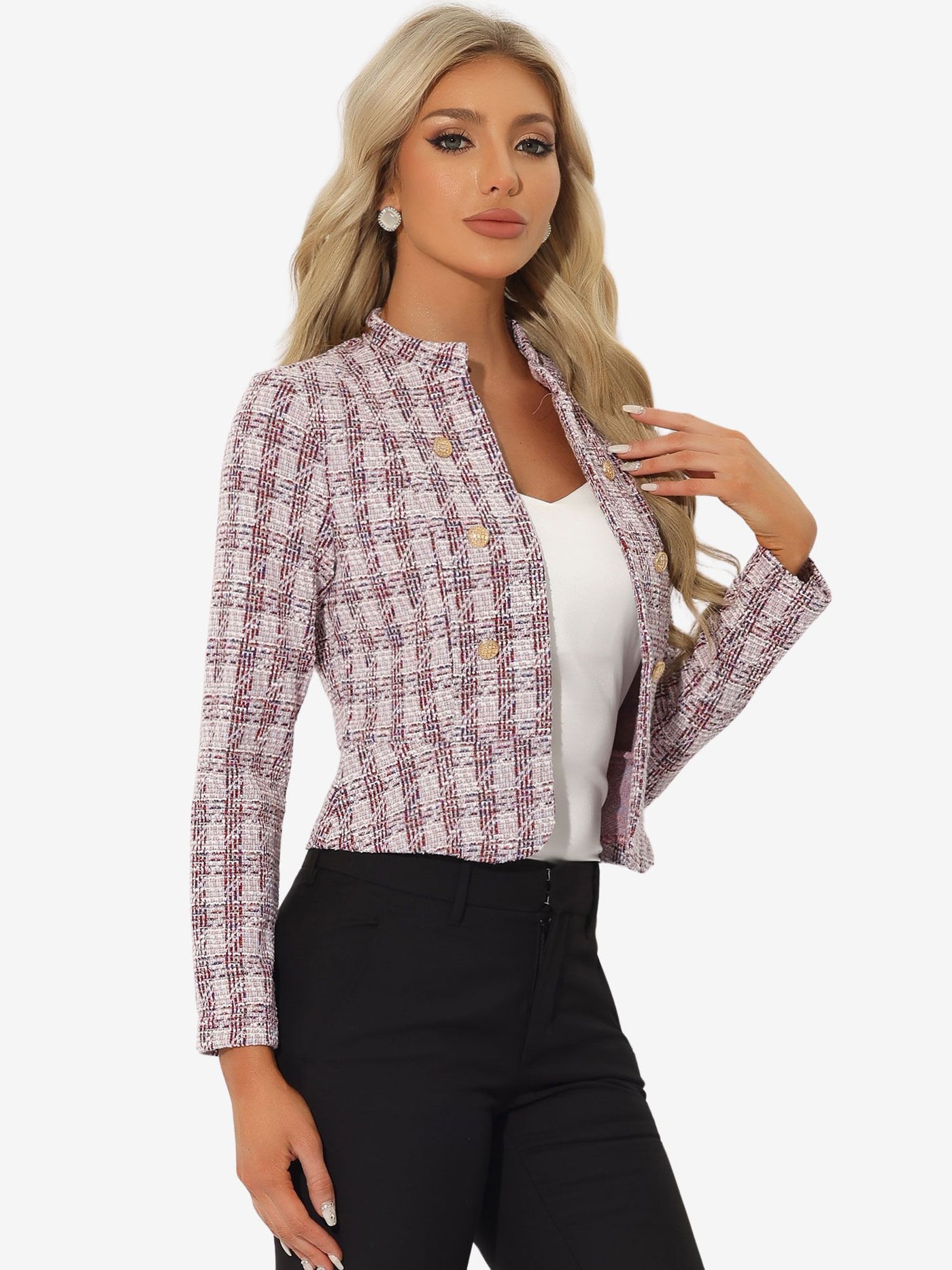 Allegra K Vintage Tweed Plaid Slim Fit Work Office Cropped Jacket