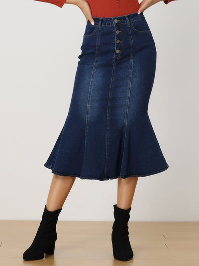 Fishtail Denim Button Pockets Distressed Midi Skirt