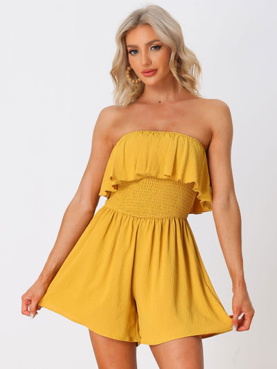 Ruffle Smocked Elastic Waist Strapless Sleeveless Romper