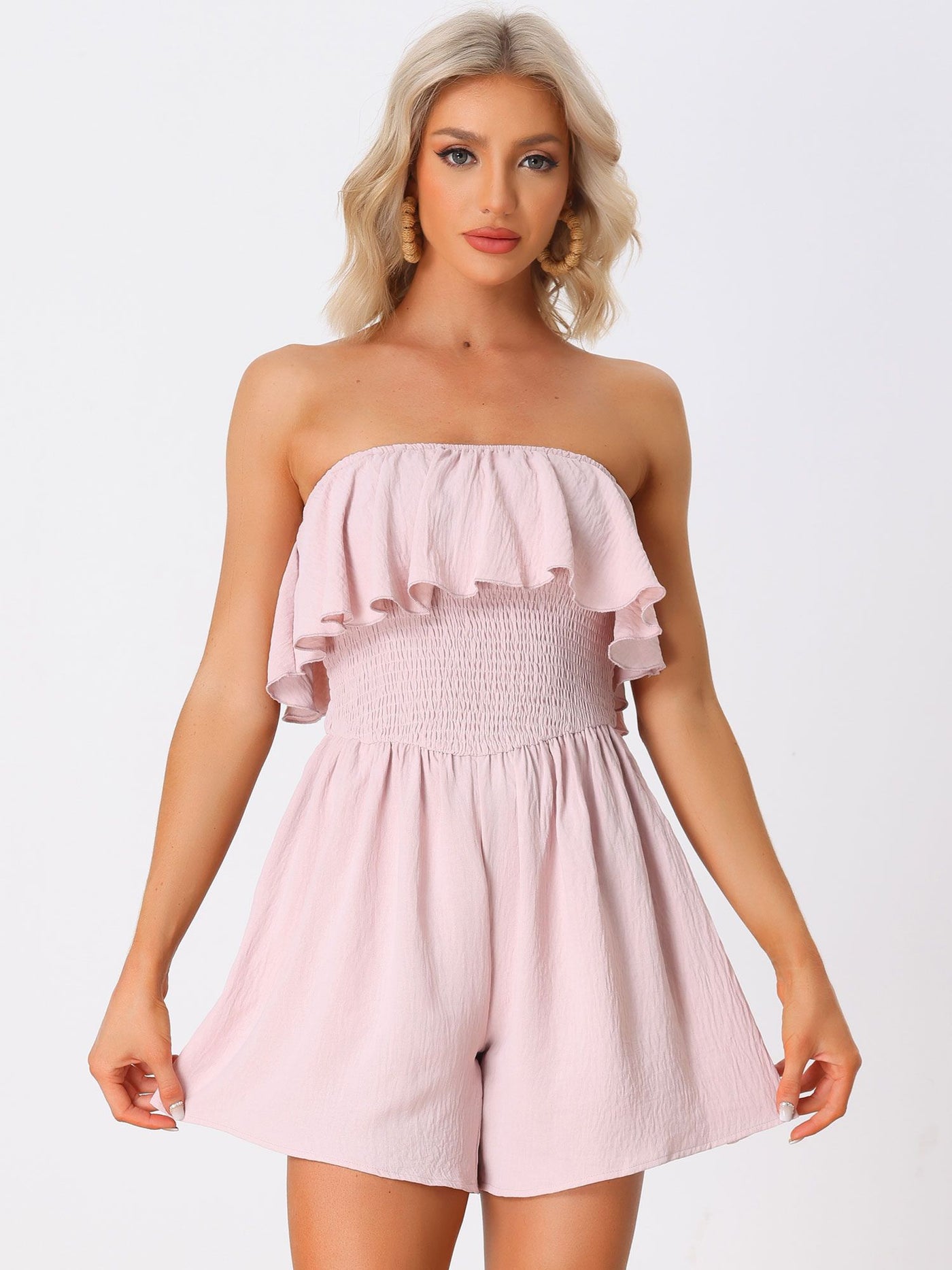 Allegra K Ruffle Smocked Elastic Waist Strapless Sleeveless Romper