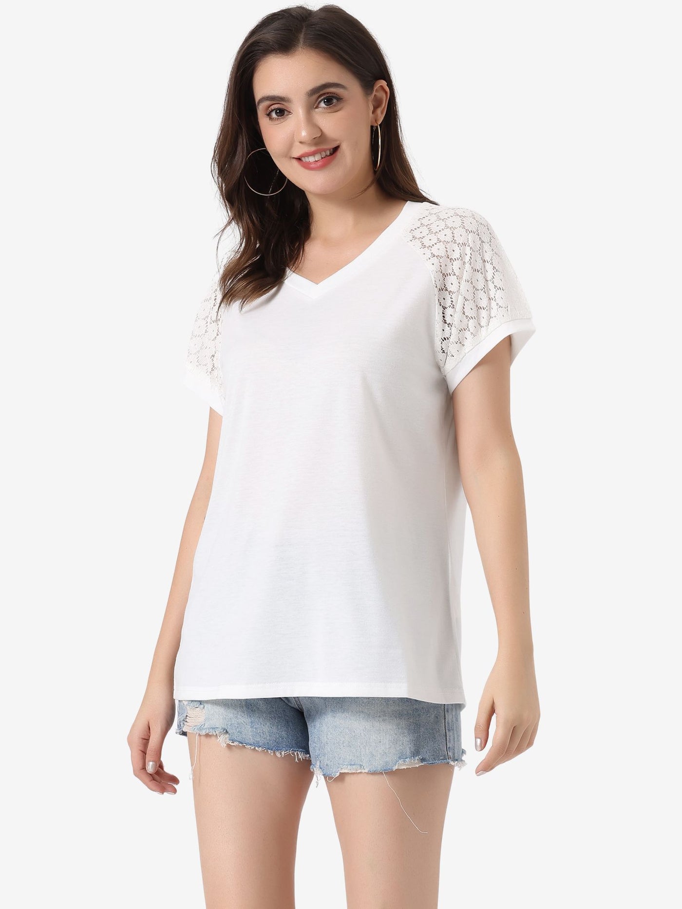 Allegra K Women's Lace Short Sleeves Tops Casual V Neck Basic T-Shirt