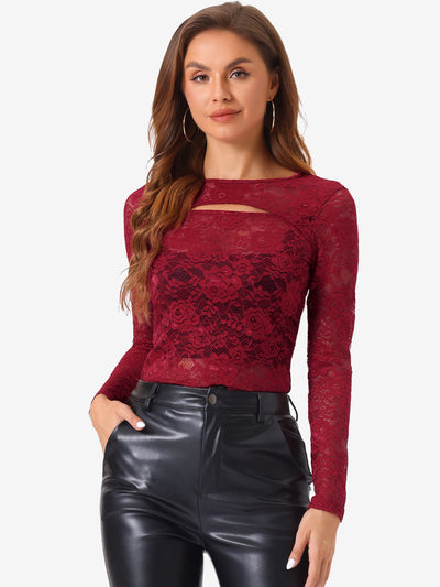 See Through Cut Out Long Sleeve Semi Sheer Fitted Lace Top