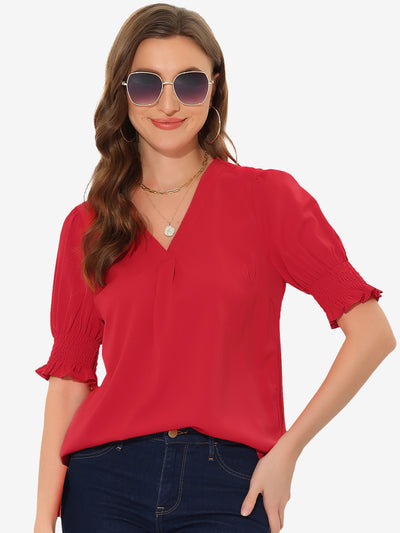 Short Bubble Sleeve Solid V Neck Casual Blouse