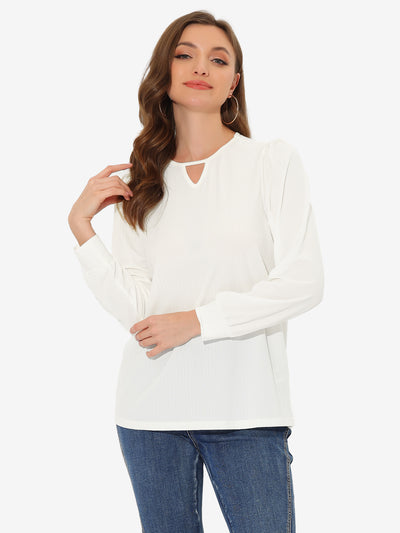 Cut Out Keyhole Collared Casual Long Sleeves Solid Top