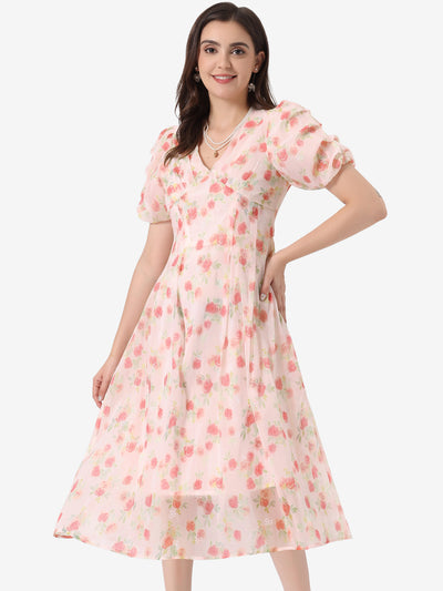 Floral Print Short Sleeve Cinched Waist Long Midi Dress