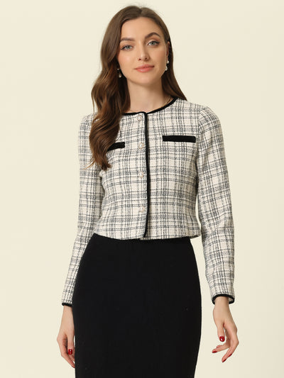 Allegra K Tweed Plaid Round Neck Faux Pearl Button Long Sleeve Cropped Jacket