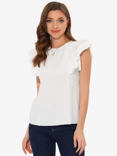 Ruffle Solid Round Neck Cap Sleeve Blouse Tops