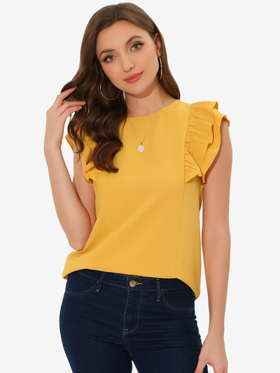 Ruffle Solid Round Neck Cap Sleeve Blouse Tops