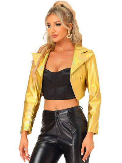 Holographic Long Sleeve Lapel Crop Shiny Party Metallic Jacket