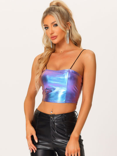 Women's Spaghetti Strap Tank Top Sleeveless Festival Party Clubwear Sparkly Shiny Metallic Crop Cami Top