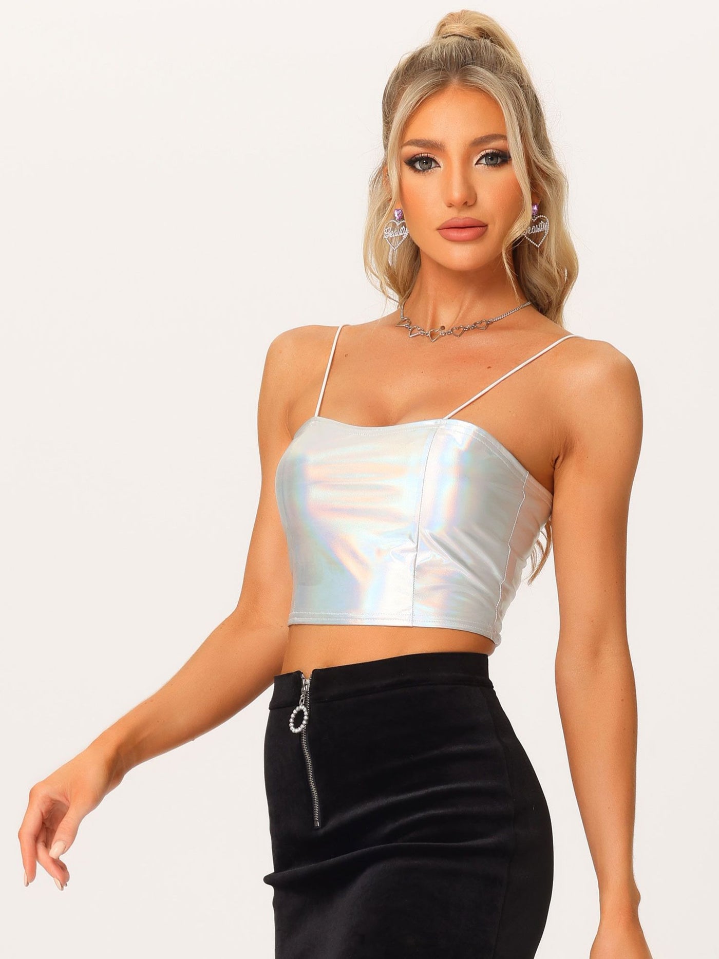 Allegra K Women's Spaghetti Strap Tank Top Sleeveless Festival Party Clubwear Sparkly Shiny Metallic Crop Cami Top